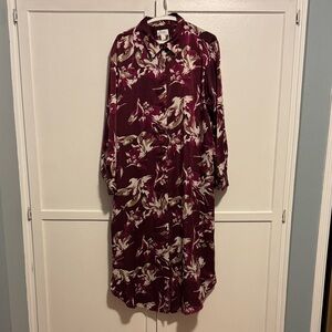 Elegant Burgundy Floral Long Sleeve Dress
